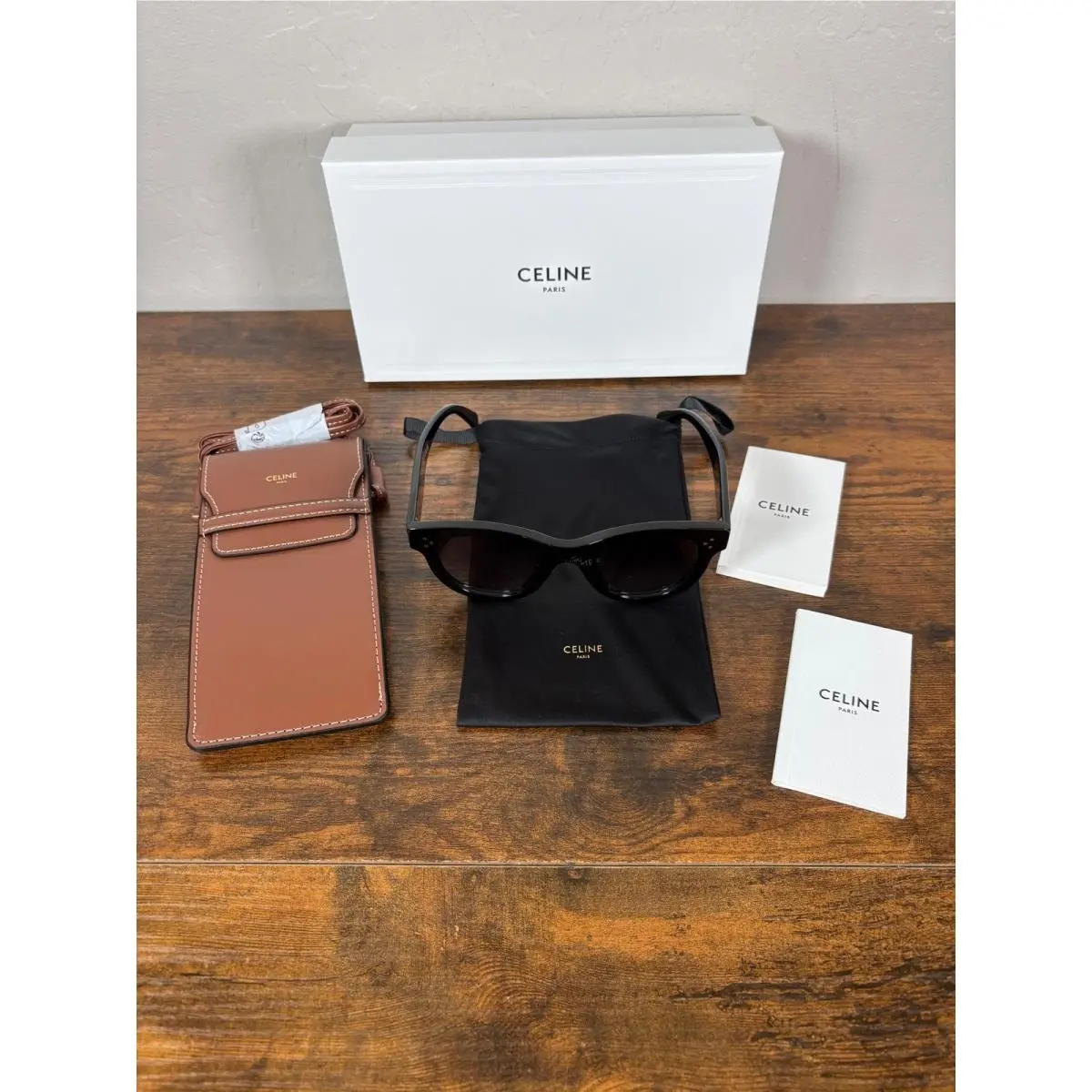Celine CL4003IN Black Cat-eye Sunglasses with Crossbody Pouch and Box Italy