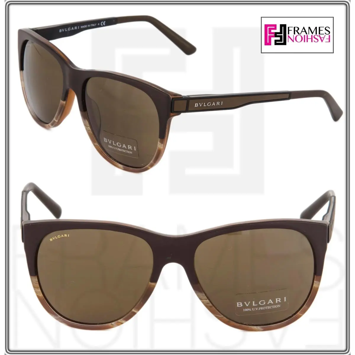 Bvlgari Diagono 7025 BV7025F Brown Horn Stripe Square Sport Sunglasses