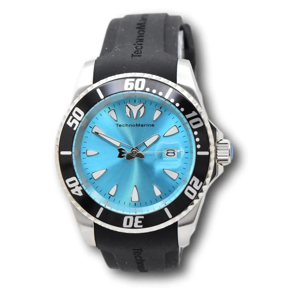 Technomarine Sea Manta 42mm Turquoise Blue Silicone Sport Quartz Watch TM-224002 - Dial: Blue, White, Band: Black, Bezel: Black, Silver
