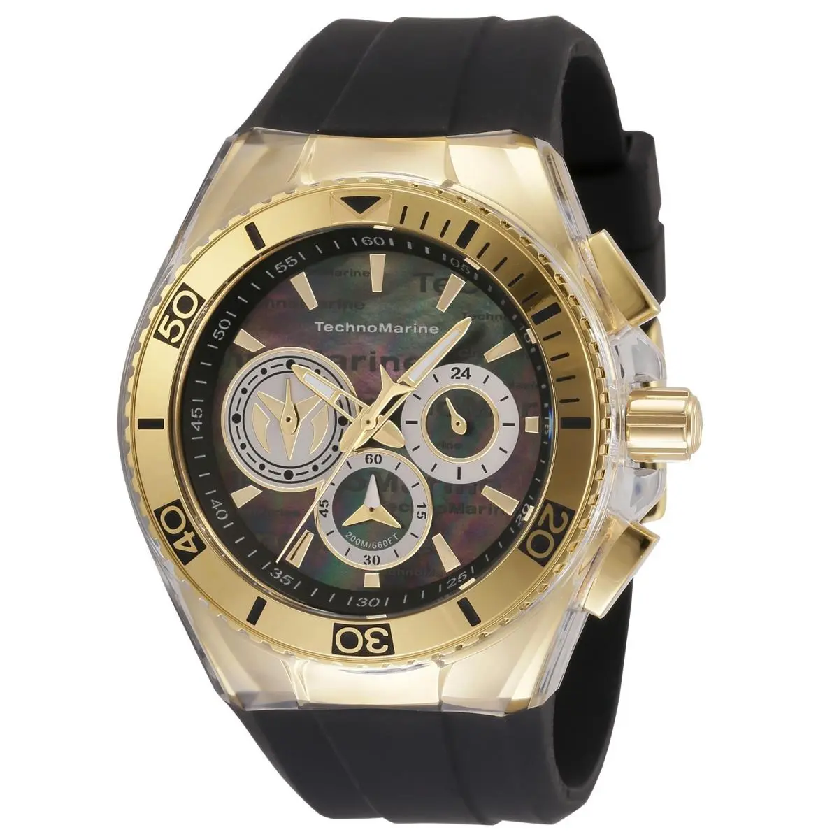 Technomarine Men`s TM-120025 Cruise California 46mm Gold Tone Black Dial Strap - Dial: Silver & Black, Band: Black, Bezel: Gold