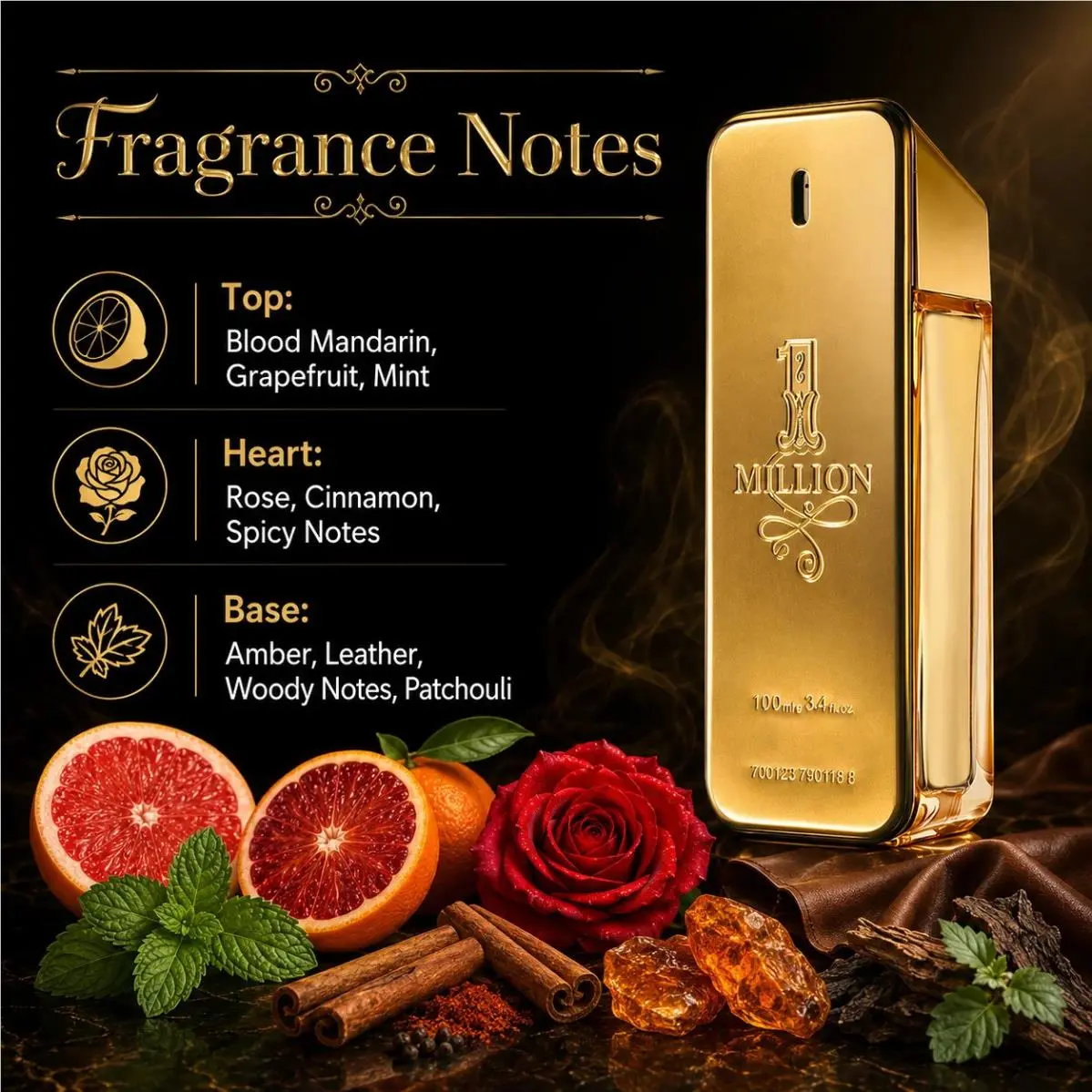 1 Million Men Eau De Toilette 100ml Luxury Gold Bottle Woody Spicy Long Lasting by Paco Rabanne