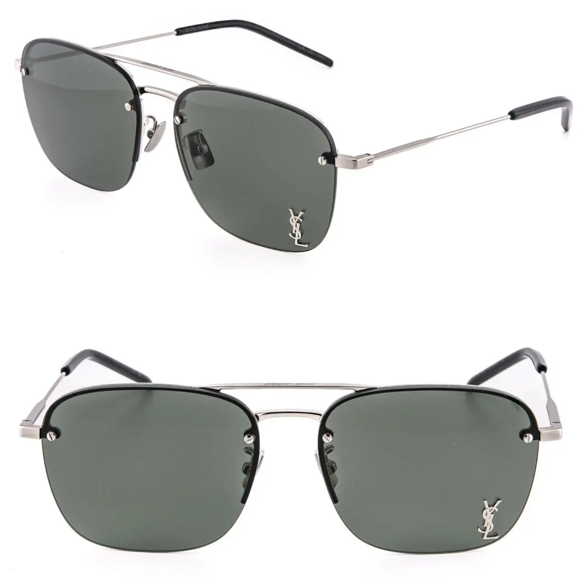 Saint Laurent 309 SL309M Silver Black 006 Ysl Logo Rectangular Sunglasses 59mm - Frame: Silver, Lens: Gray
