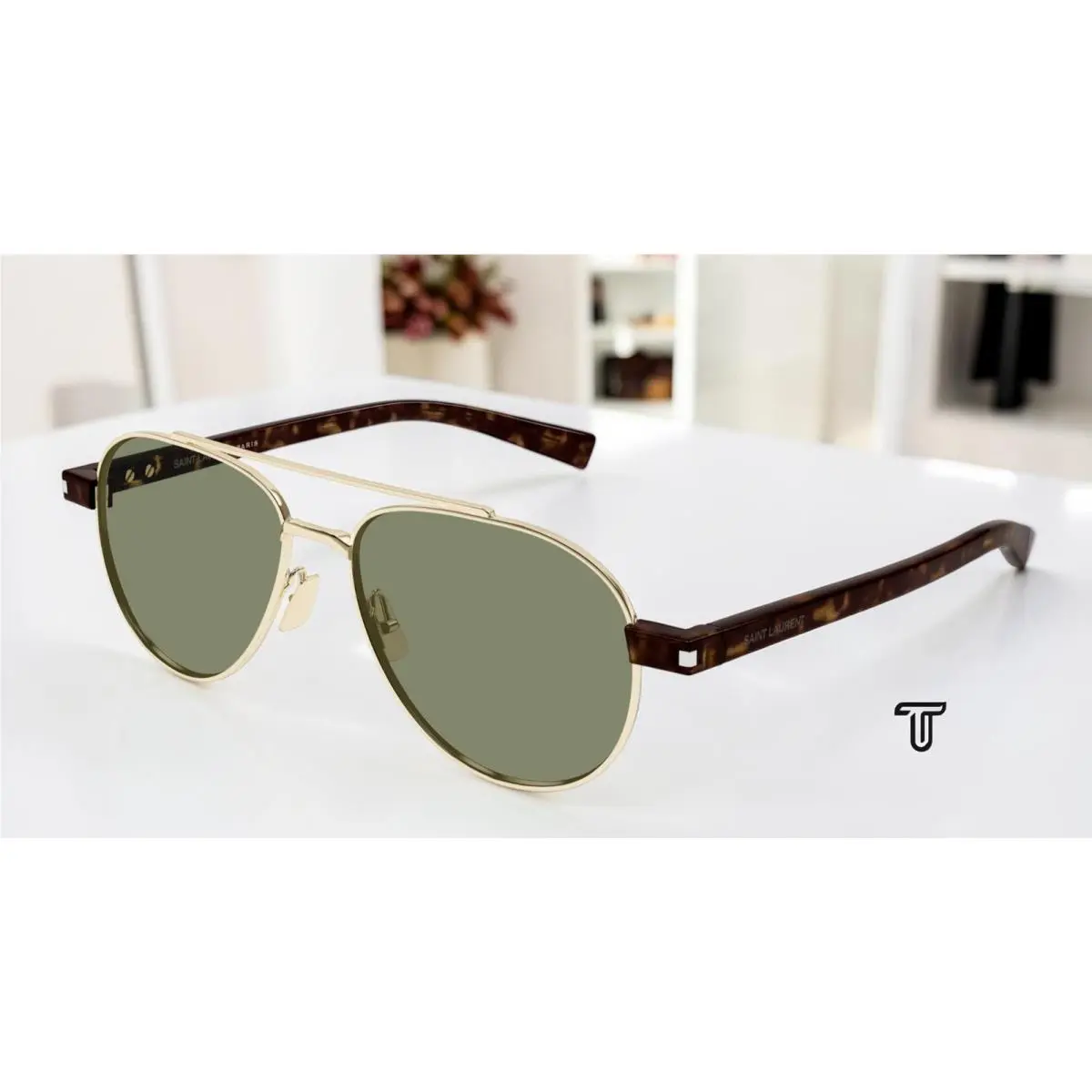 Saint Laurent SL 843 003 Gold Green 54 mm Men`s Sunglasses by Yves Saint Laurent
