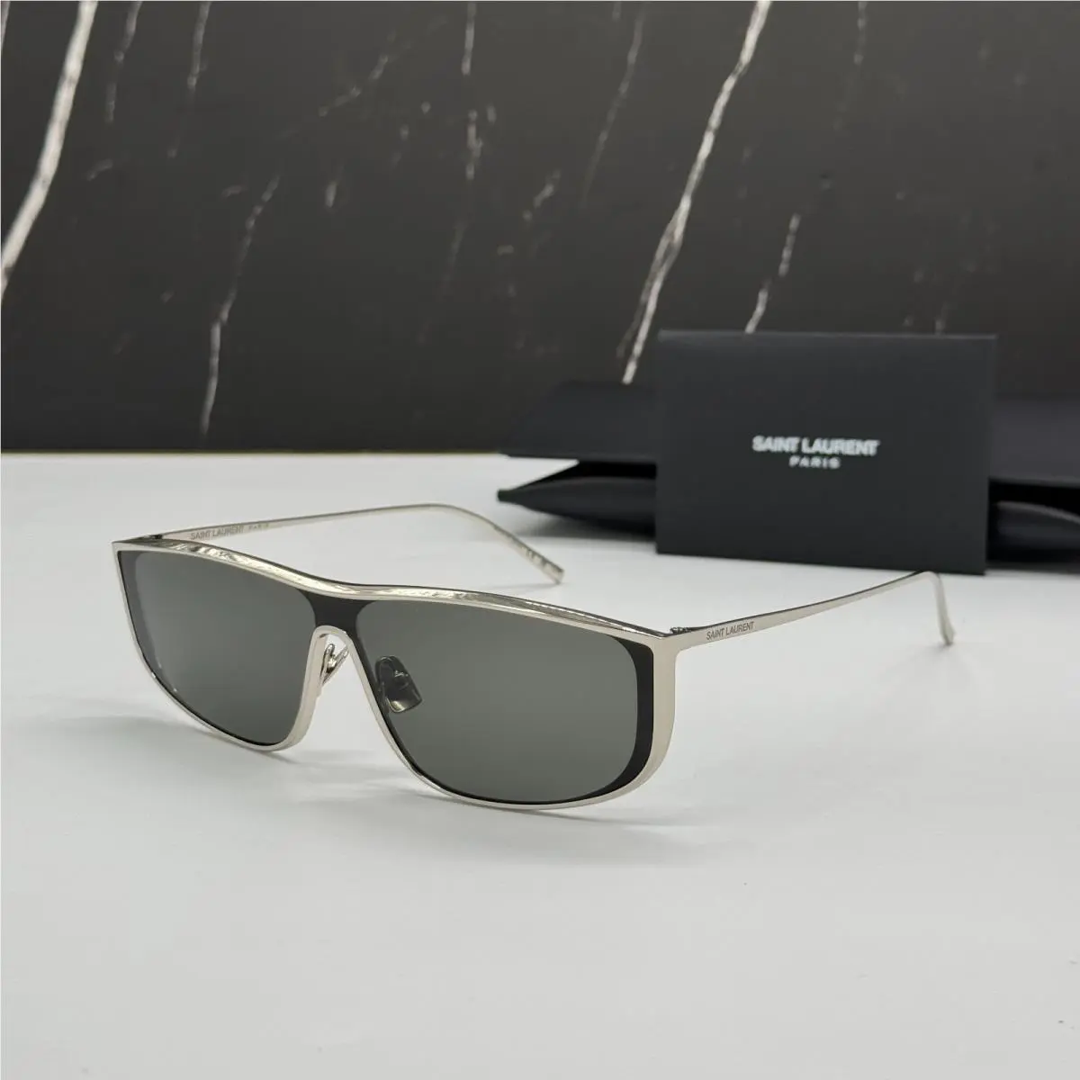 Saint Laurent SL605 Luna 001 Sunglasses Women Square Silver Eyewear SL 605 by Yves Saint Laurent
