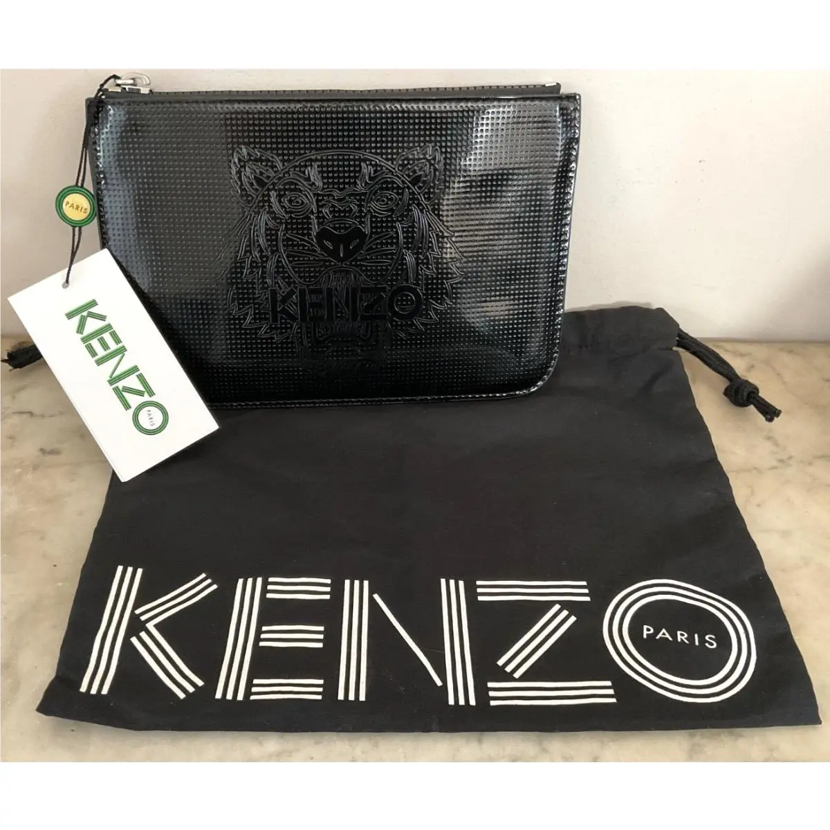 Kenzo Black Leather Pouch/clutch Patent Leather Tiger Motif Bag W/dust Bag