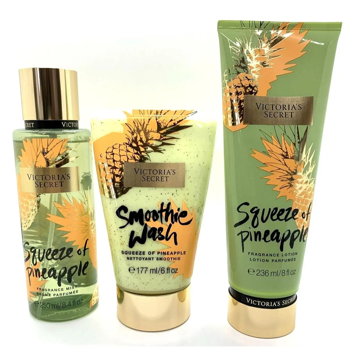 Victoria`s Secret Squeeze OF Pineapple Mist Lotion Wash 3PC Set Hibiscus