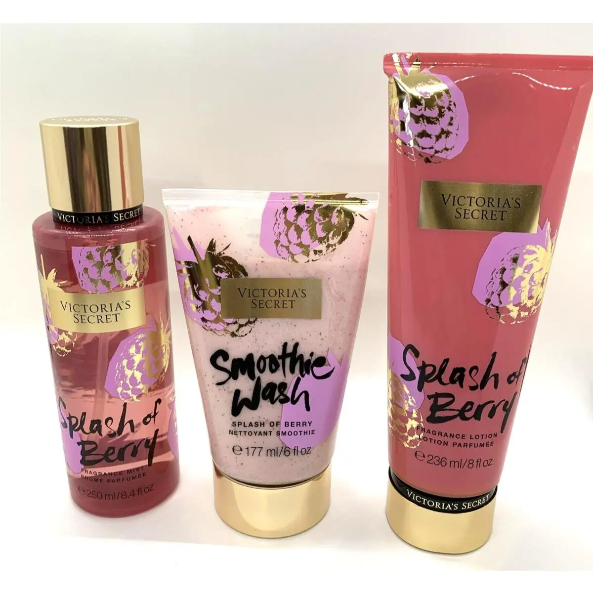 3PC Victoria`s Secret Splash OF Berry Mist Lotion Wash Set Raspberry Pear