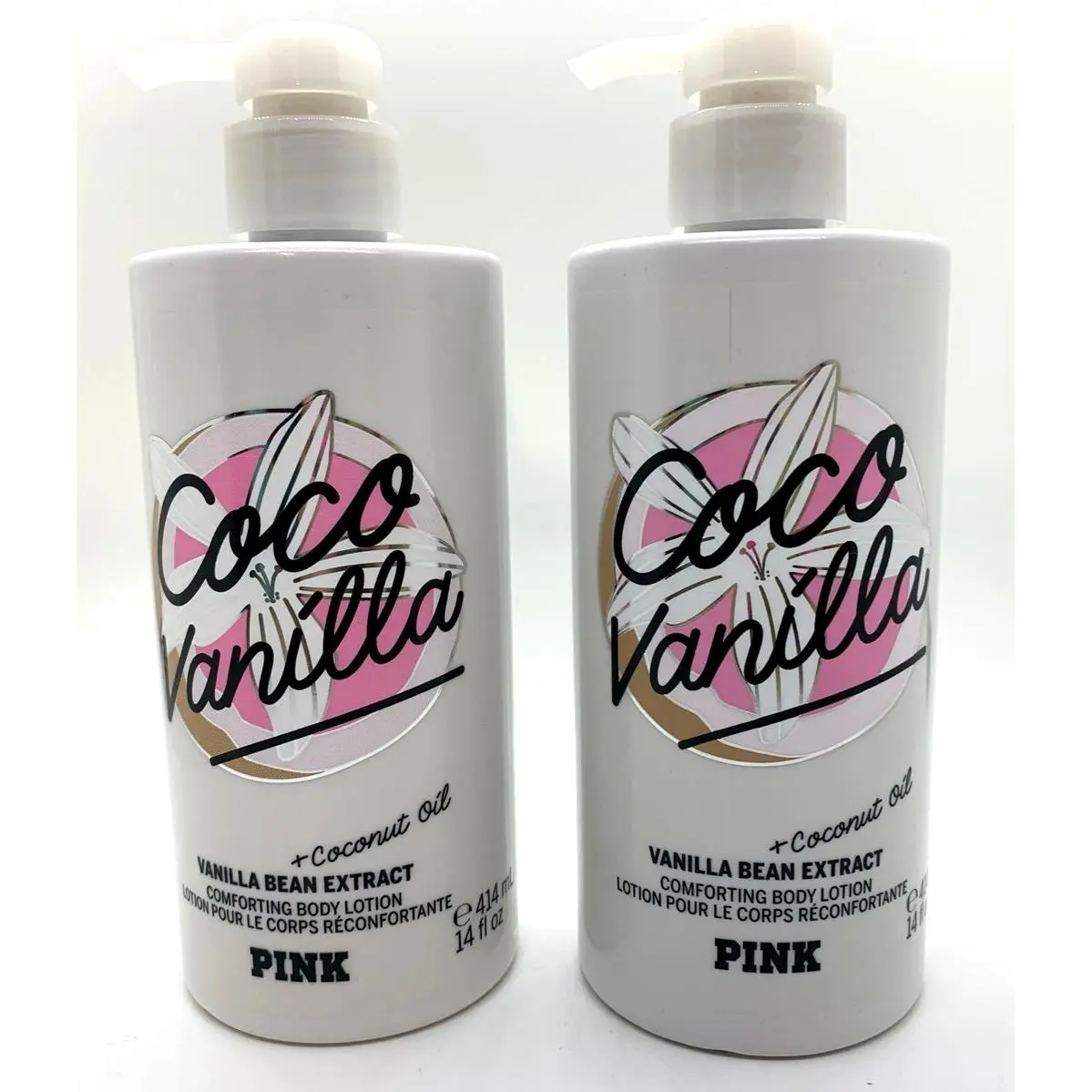 Victoria`s Secret Pink Coco Vanilla Comforting Body Lotion LG 14 oz X2