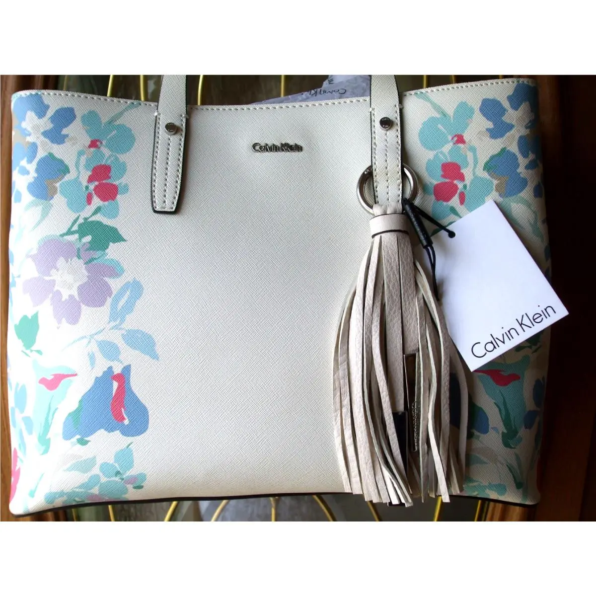 Calvin Klein Leather Satchel White Blue Floral Just Beautiful + Tags