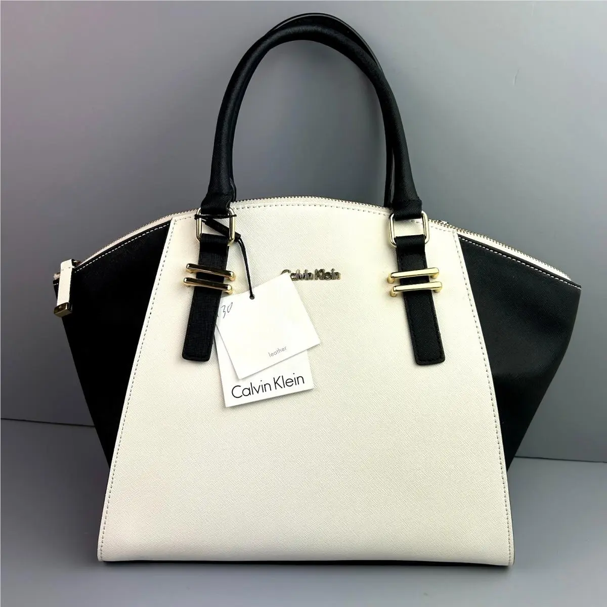 Calvin Klein Structured Satchel Tote Bag Leather Black White Colorblock Handbag