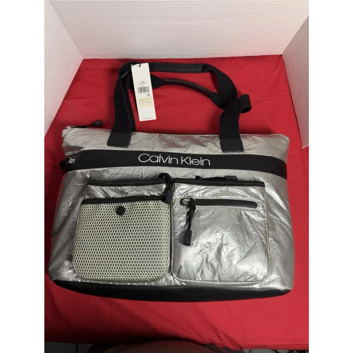 Silver Metallic Tote Laptop Bag by Calvin Klein
