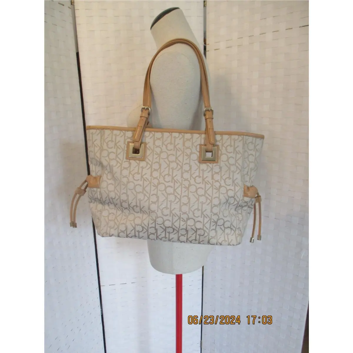 Khaki Beige Signature Fabric Tote Bag by Calvin Klein