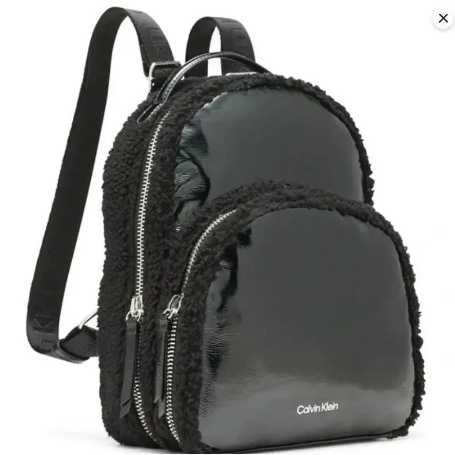 Calvin Klein Estelle Sherpa and Patent Leather Women`s Medium Backpack in Black