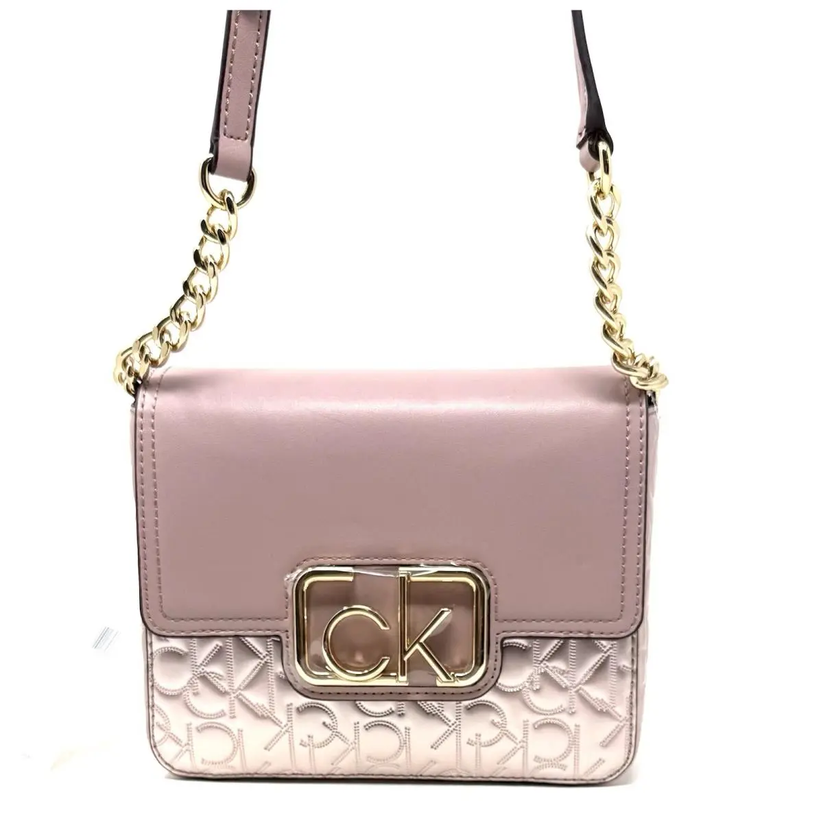 Calvin Klein Rose Gold Leather Crossbody Gold Chain Monogram Bag with CK Logo