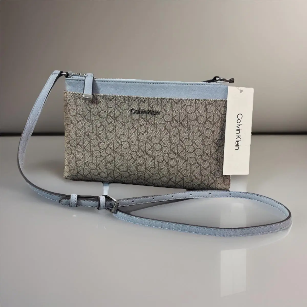 Calvin Klein Monogram CK Taupe Blue Crossbody Hand-bag Silver Logo H7AEJ2TT