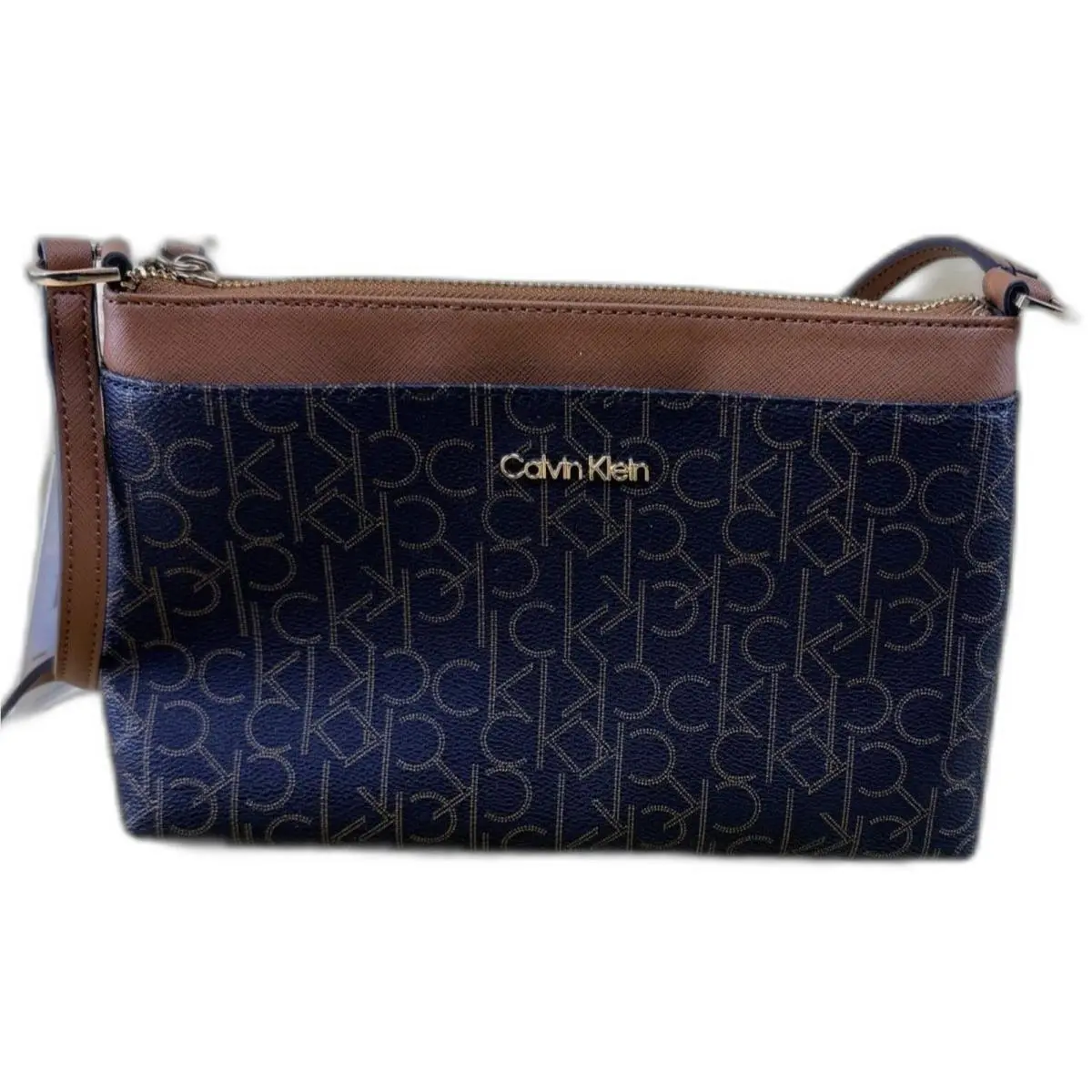 Calvin Klein Crossbody Bag Women Brown Monogram CK Logo Small Gold Hardware