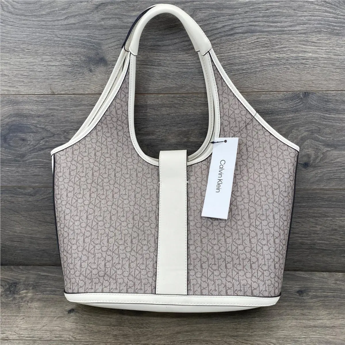 Calvin Klein Hobo Shoulder Bag Womens Large Almond White Monogram H5DAJVD4