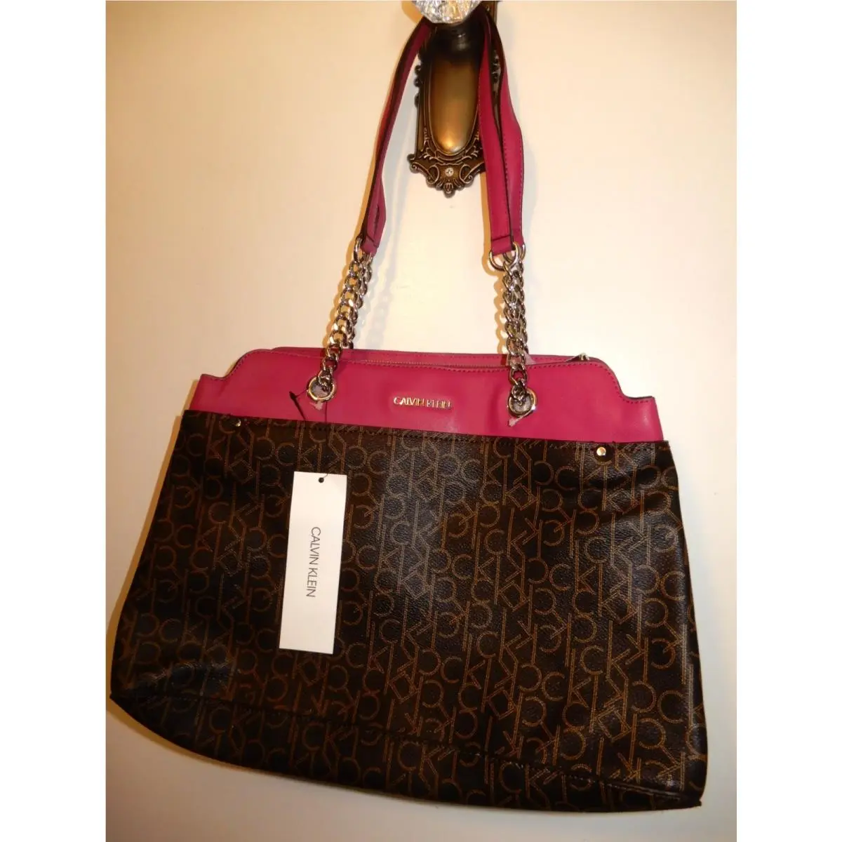 Calvin Klein Tote Bag Brown Monogram with Rhubarb Accent Handbag