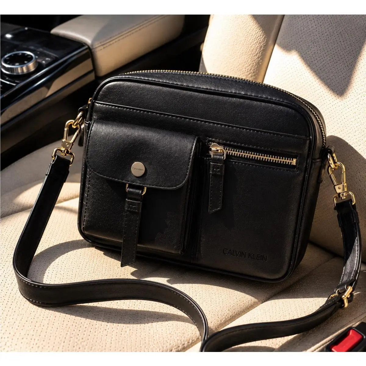 Calvin Klein Crossbody Bag Black Gold Hardware Camera Bag Womens Everyday Purse