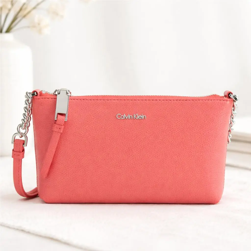 Calvin Klein Hayden Saffiano Leather Crossbody Rose Pink Silver Hardware