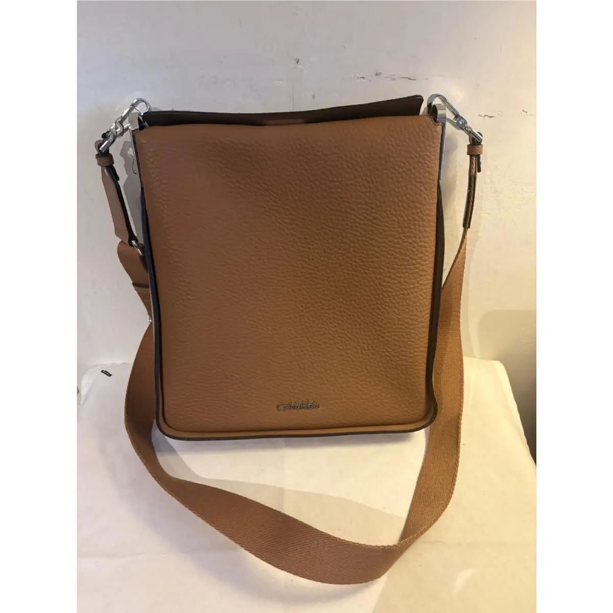 Calvin Klein Fay Pebbled Texture Camel Tan Pvc Leather Crossbody Bag