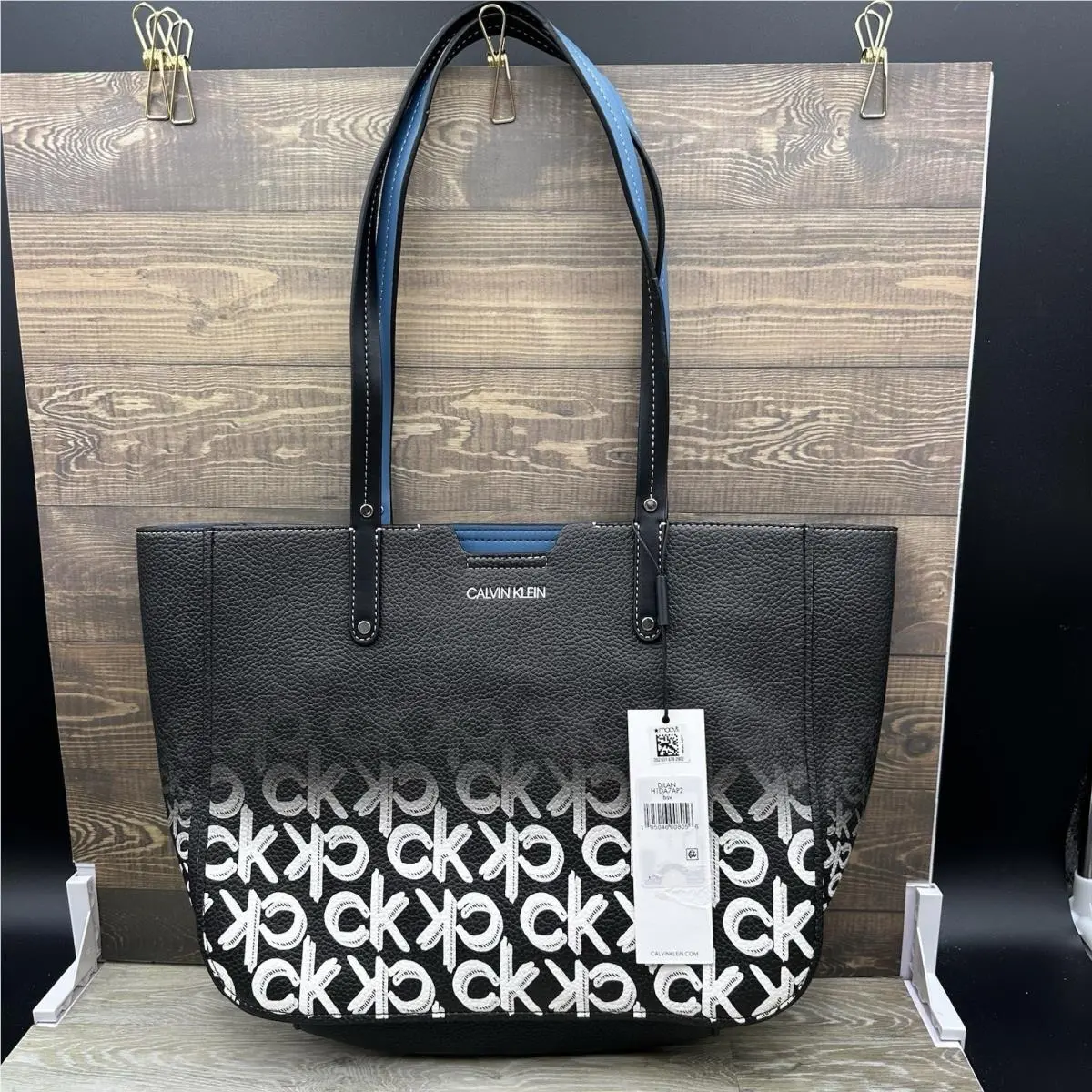 Dilan Magnetic Closure Black Blue White Tote Bag Womens Logo Purse by Calvin Klein