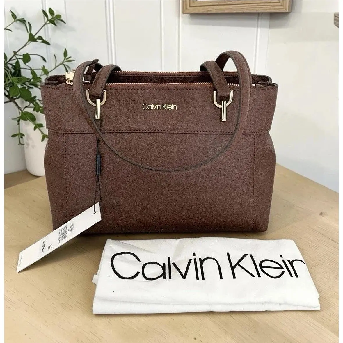 Calvin Klein Hayden Brown Leather Triple Compartment Satchel Magnetic Closure