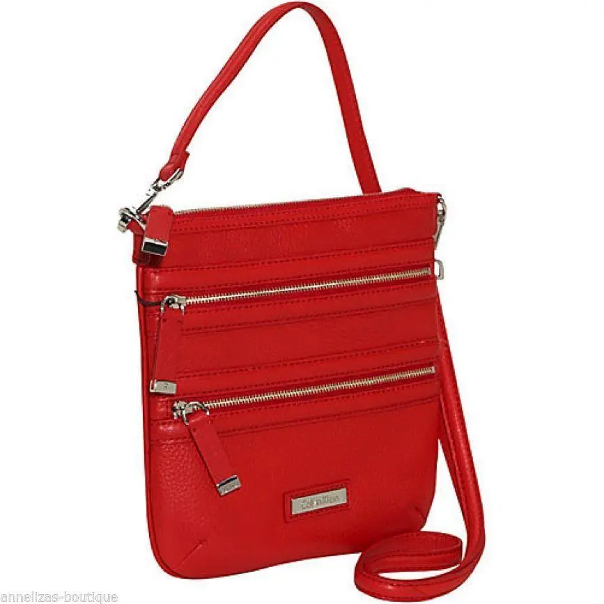 Calvin Klein Double Zip Front Crossbody Lipstick Red Leather