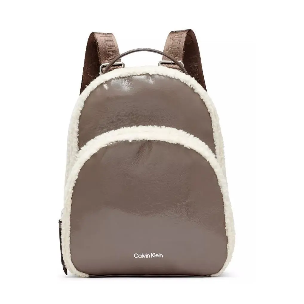 Calvin Klein Estelle Sherpa and Patent Leather Women`s Backpack in Taupe Beige