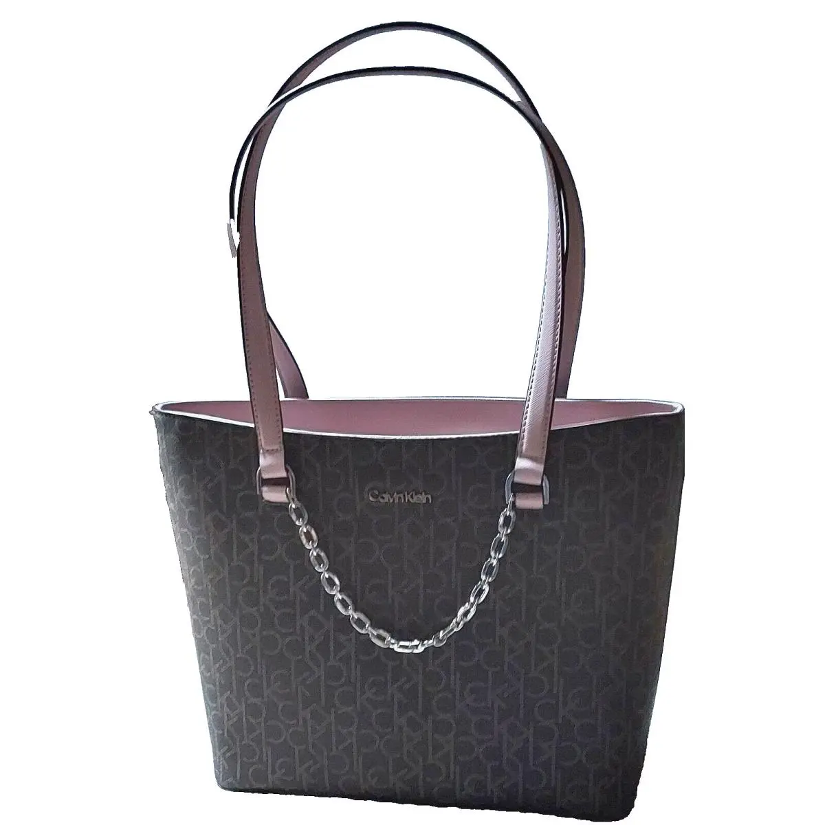 Monogram Leather Tote/shoulder Bag Chain Brown/pink Large by Calvin Klein