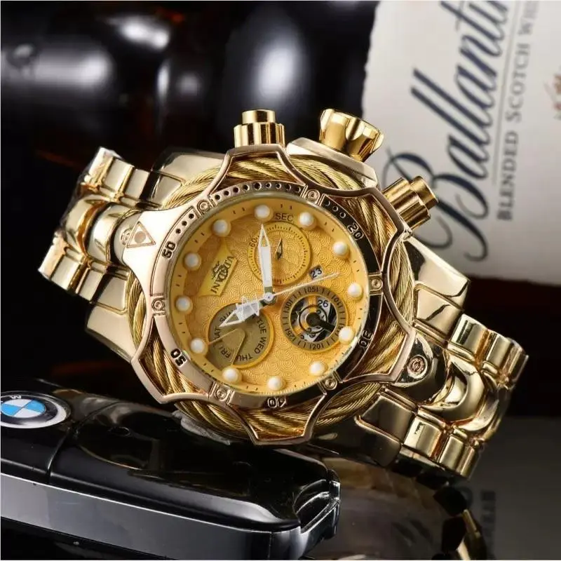 Luxury Gold Skeleton Dial Quartz Watch – 50mm Waterproof Chronograph Style Men’s Gold, Multicolor by Invicta