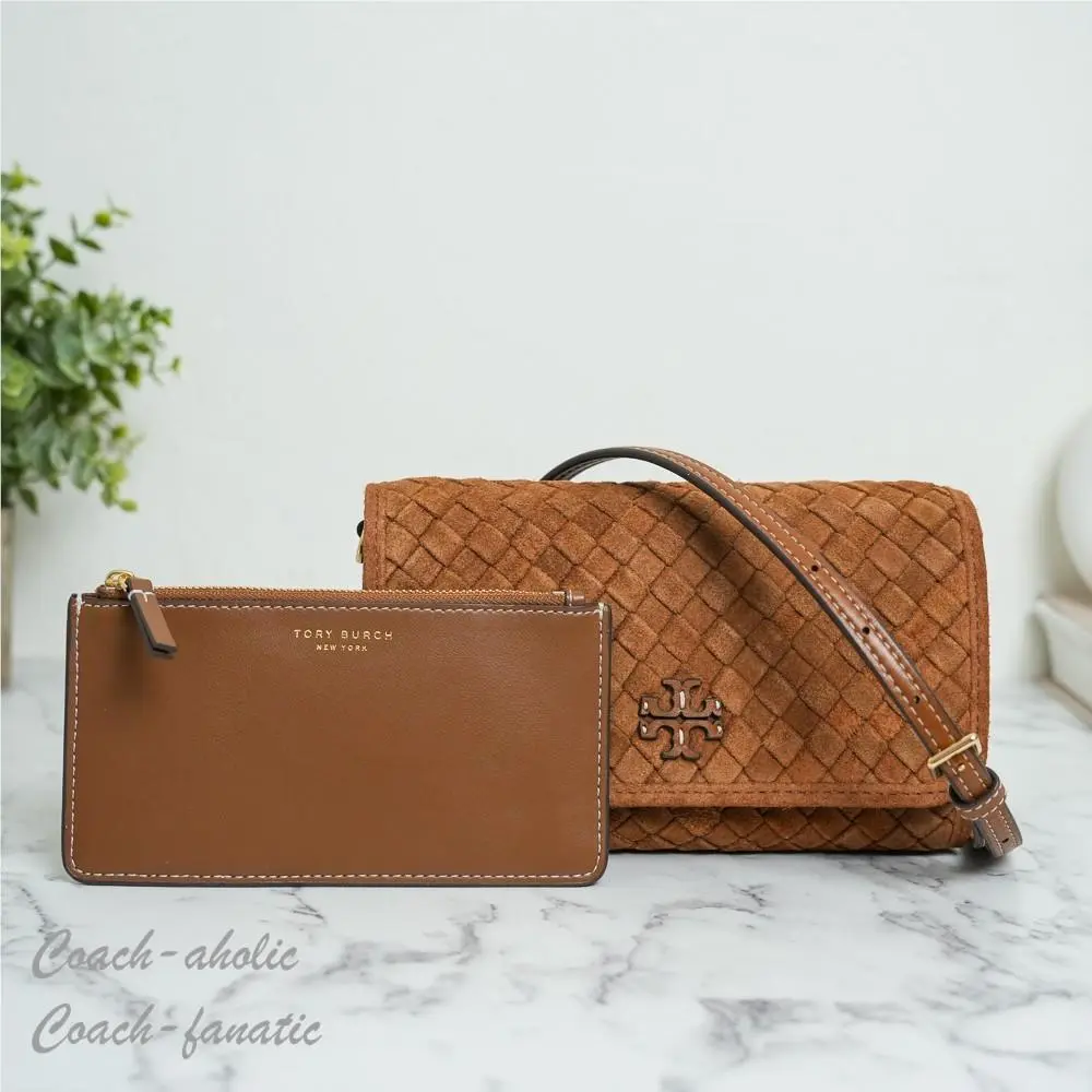 Tory Burch Thea Woven Suede Flat Wallet Crossbody in Chicory Brown