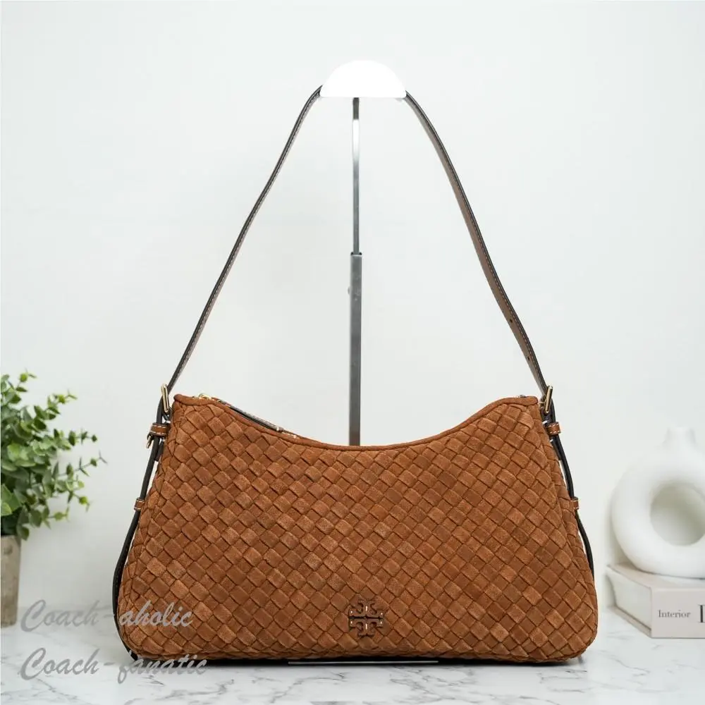 Tory Burch Thea Woven Suede Zip Top Shoulder Bag in Chicory Brown