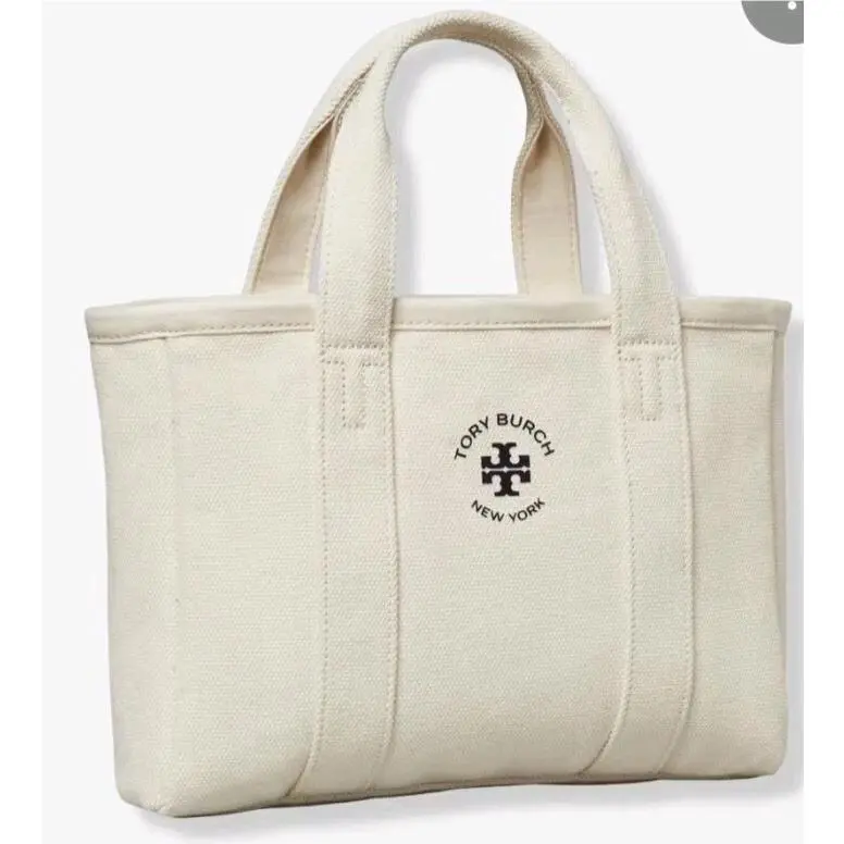 Tory Burch Mini Mercer Tote Hand Bag Purse Ivory Canvas Black Logo
