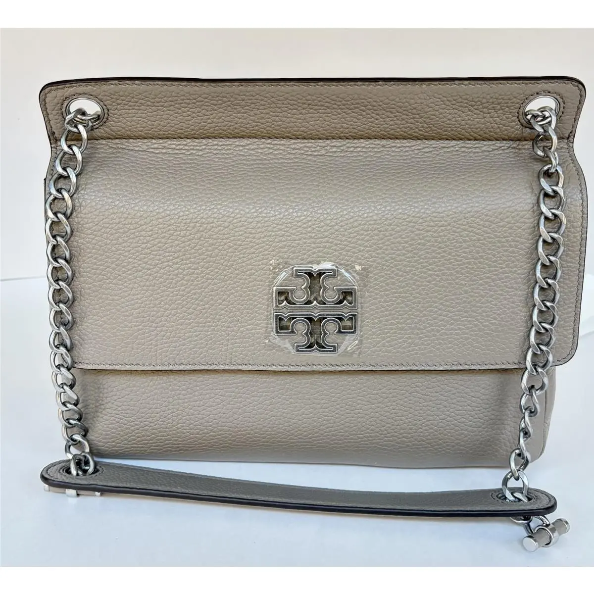 Tory Burch Britten Flap Shoulder Bag French Gray Pebbled Leather