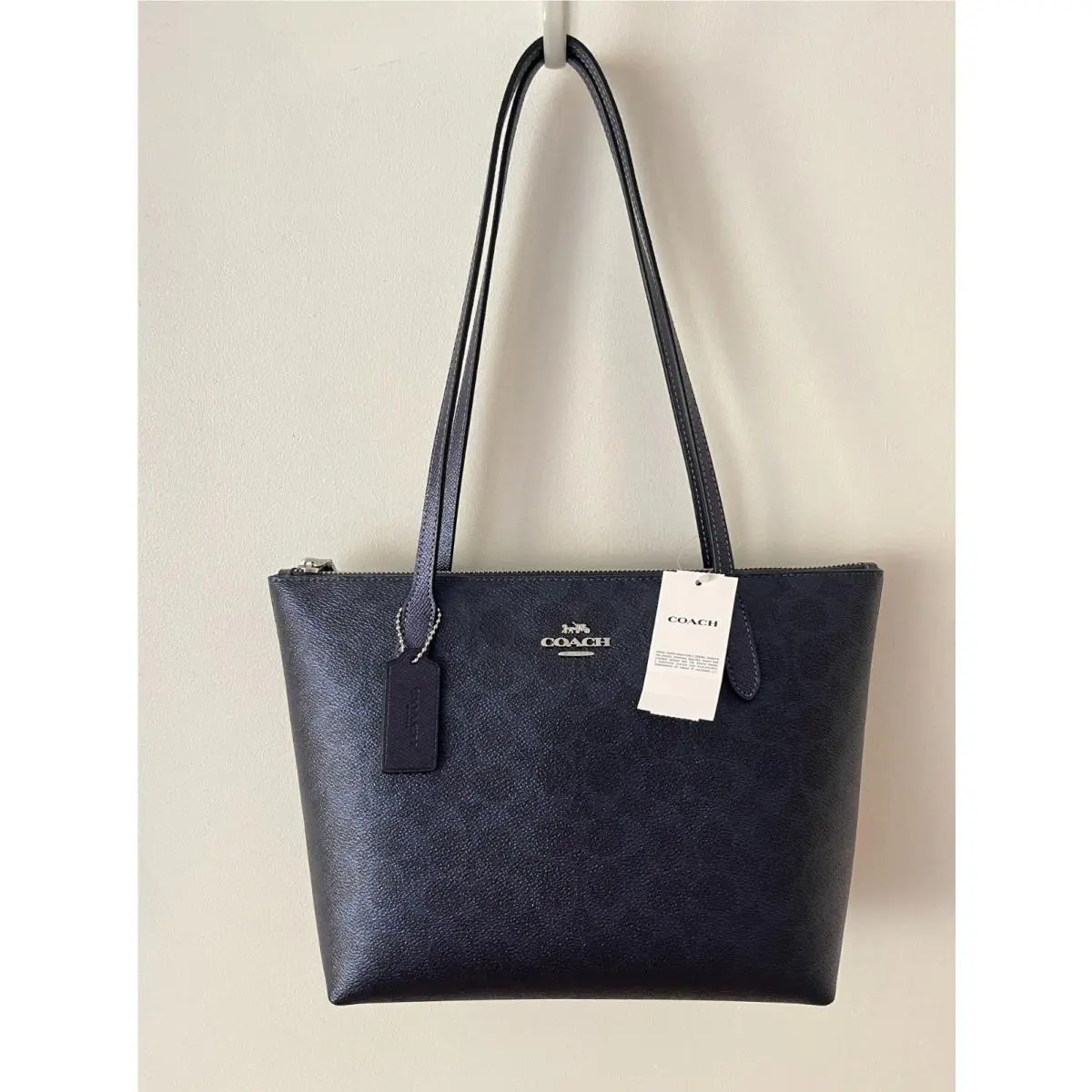Fiona Zip Tote Bag CW396 Pearlized Sig Canvas Metallic Leather/sv/navy by Coach