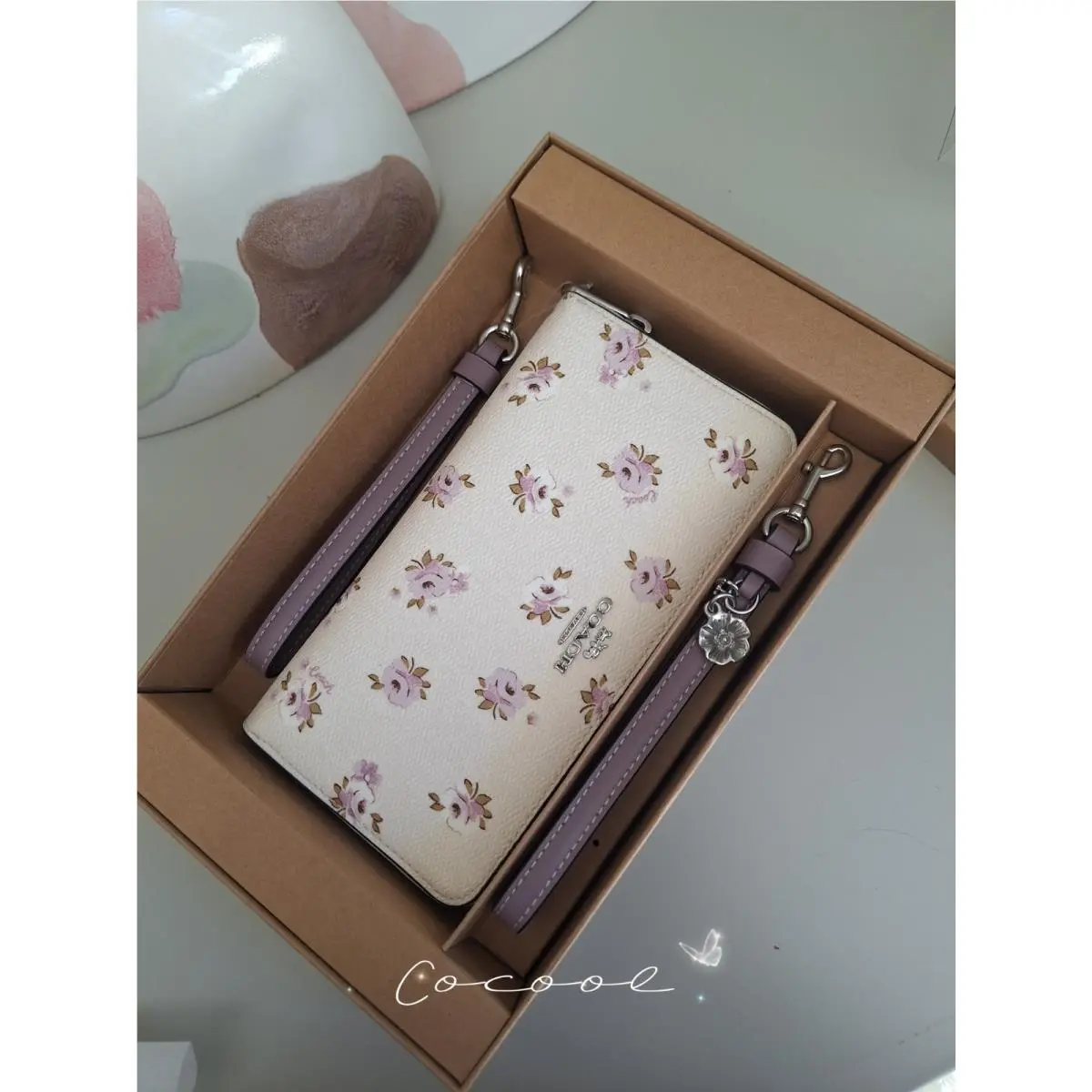 Coach Boxed Long Zip Around Wallet with Floral Print with Charm