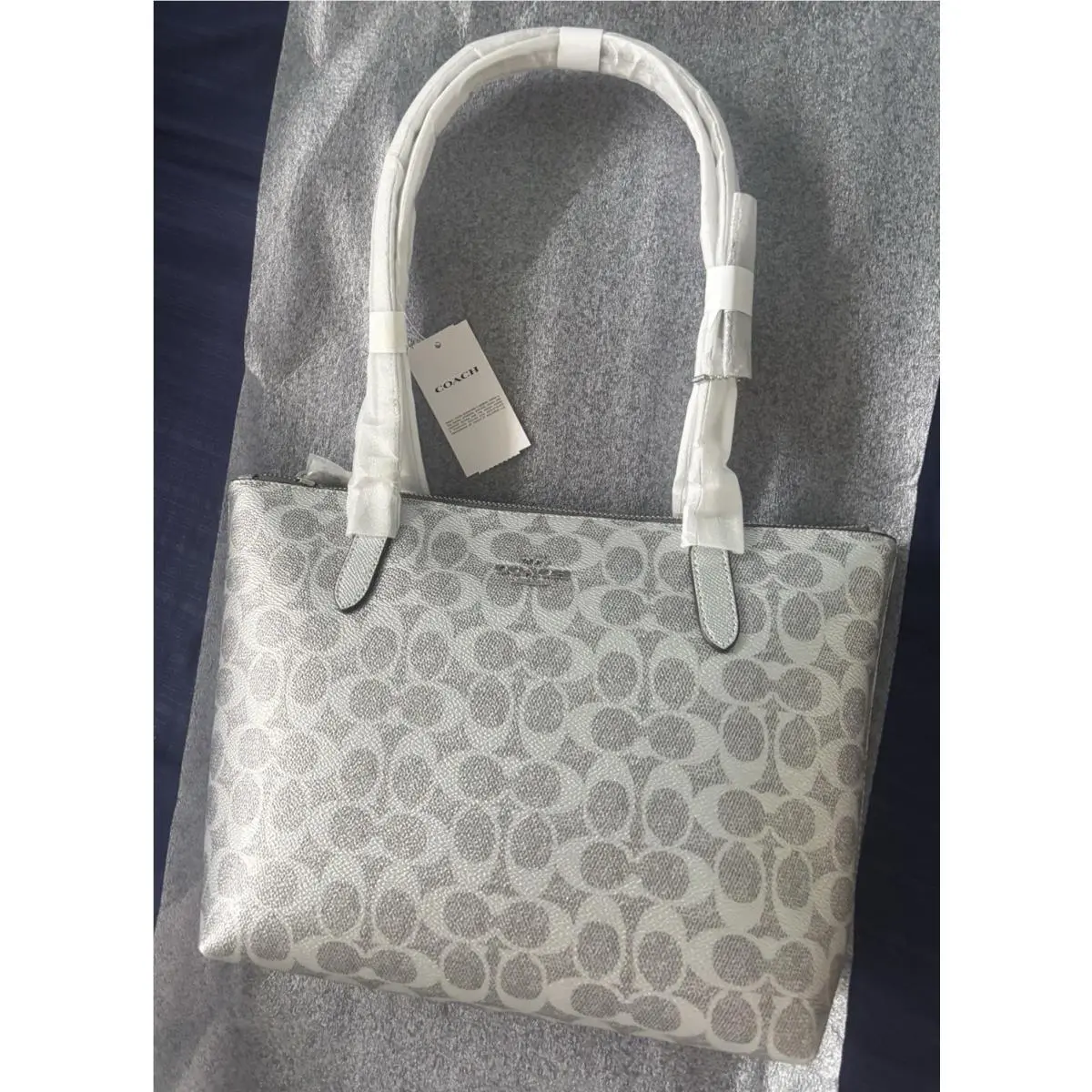 Fiona Zip Tote Bag in Signature Canvas Silver/gray Medium Lined Pockets by Coach