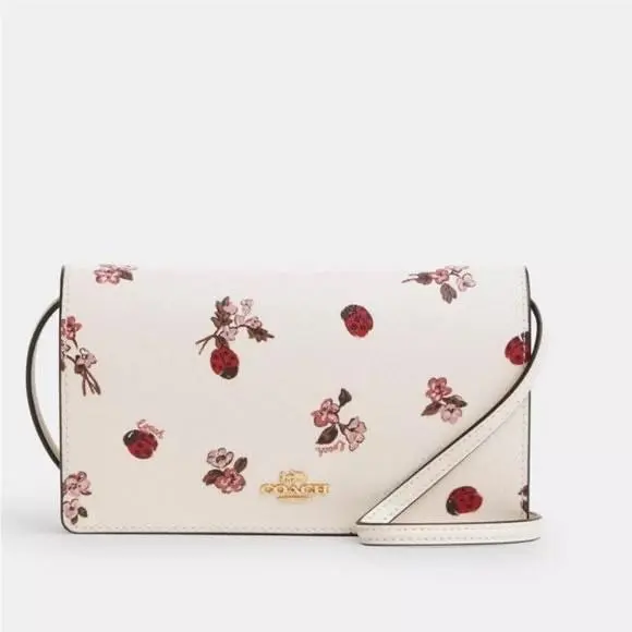 Coach Anna Foldover Clutch Crossbody Ladybug Floral Print Chalk Multi