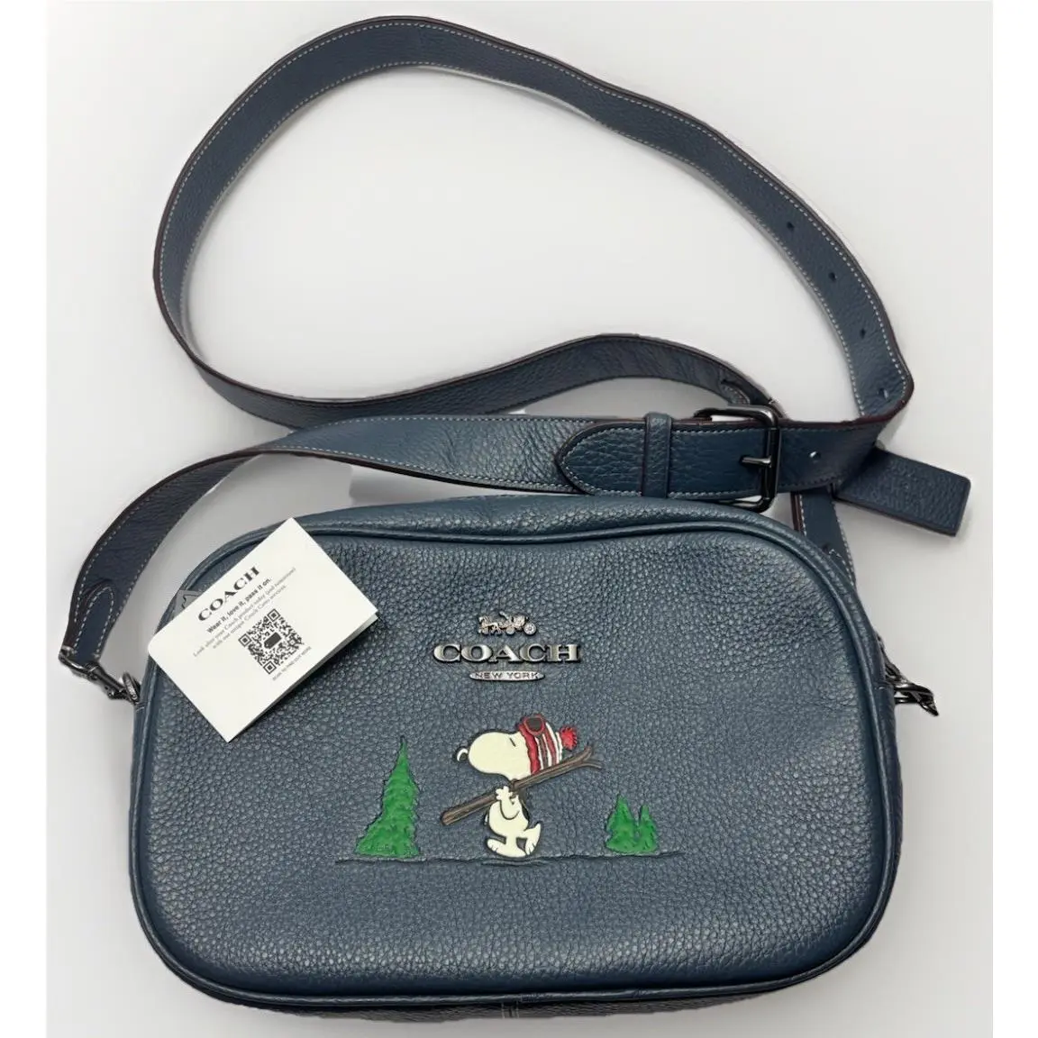 Coach X Peanuts Jamie Camera Pebble Leather Bag Snoopy Ski CF305 Navy Crossbody