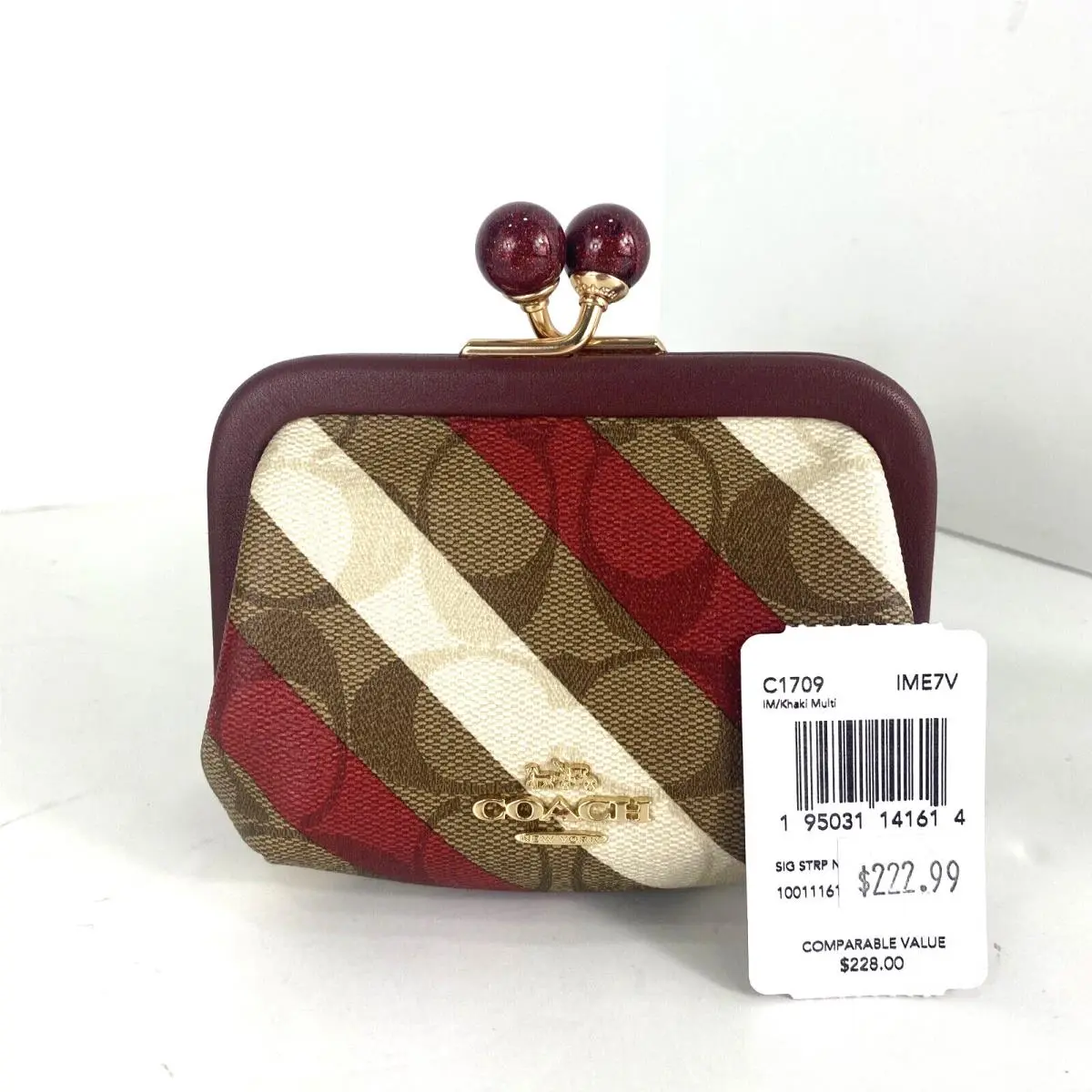 Coach Nora Coin Purse Kisslock Wallet Stripe Khaki Red Framed C1709 W11