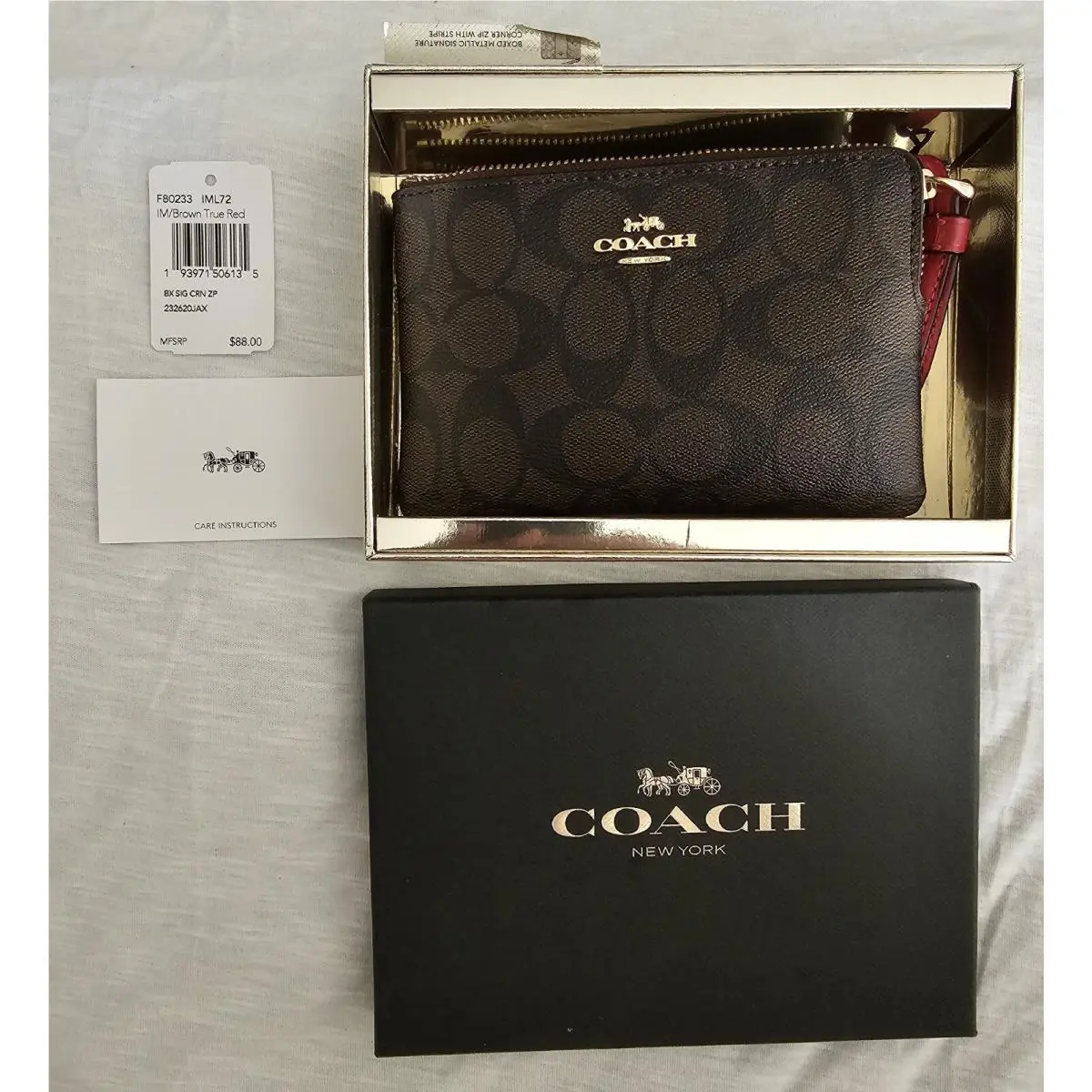 Coach Signature Metallic Corner Zip Wristlet Dark Brown Watermelon Strap
