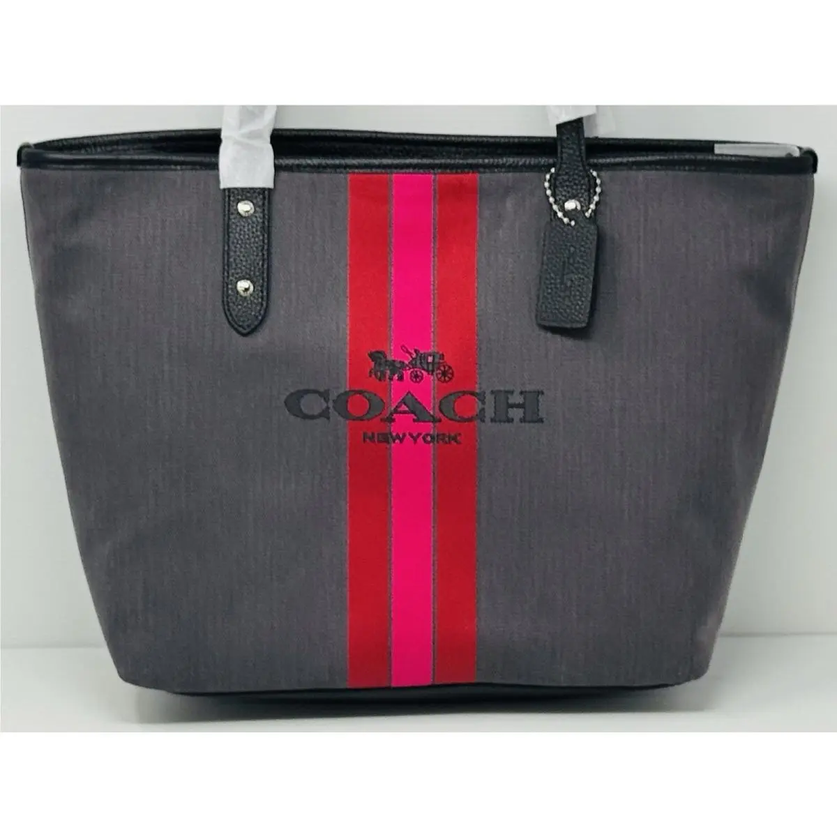 Coach Horse & Carriage Horse Carriage Jacquard City 69645 Charcoal/silver Tote Red Pink Stripe