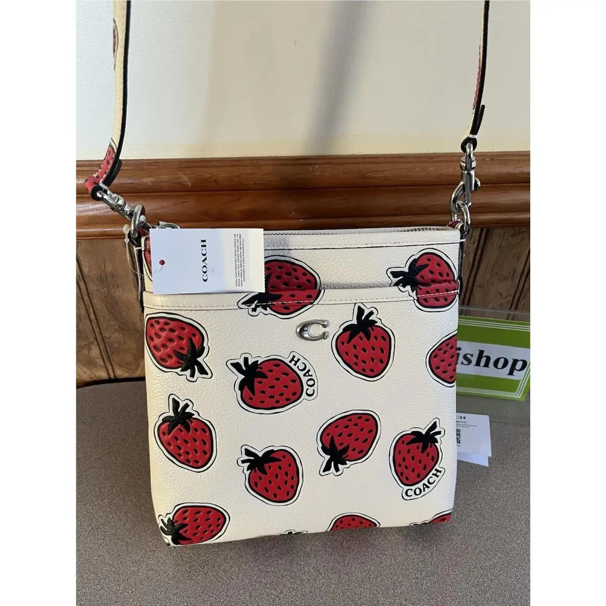 Coach Kitt Messenger Silver Chalk Crossbody Bag Strawberry Print CT875