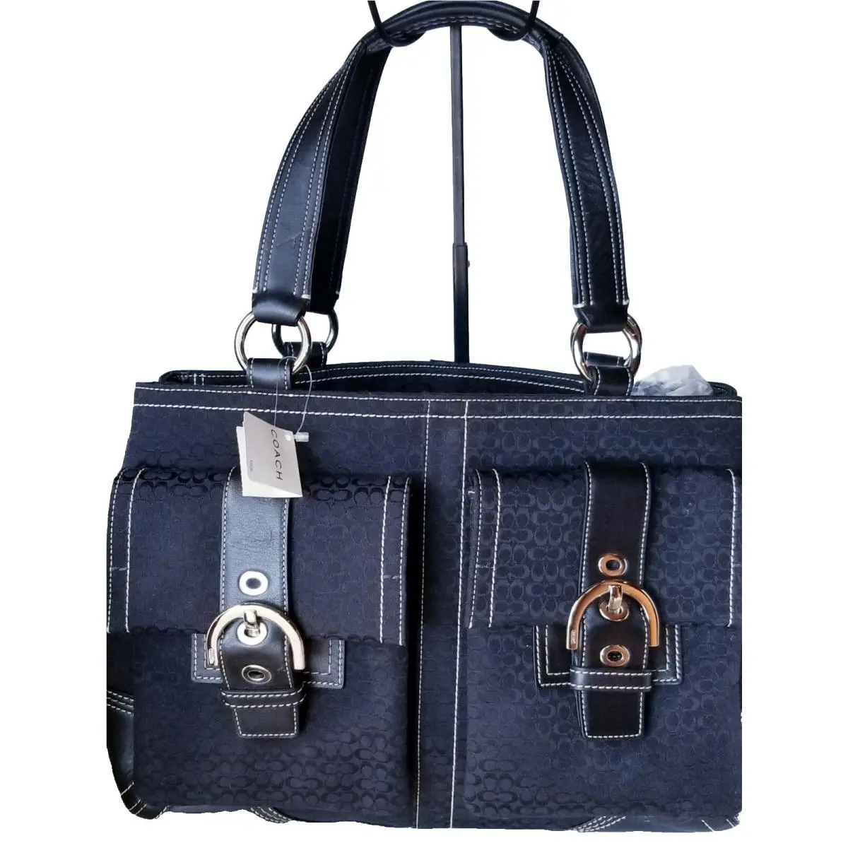 Soho Minisig Tote Signature Monogram Black Leather/canvas Satchel Y2K by Coach