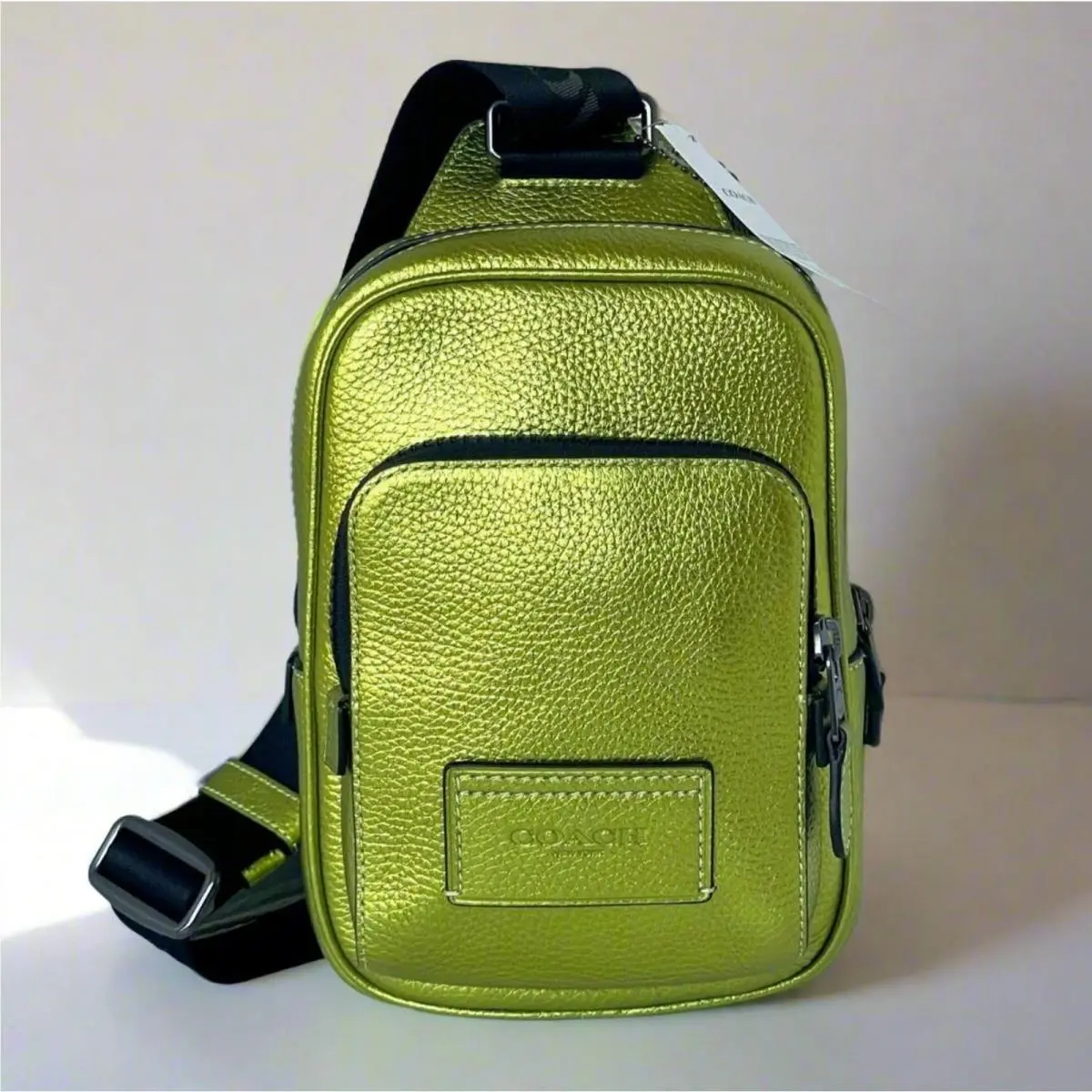 Coach Track Pack 14 CP141 Metallic Citrine Leather Sling Crossbody Green