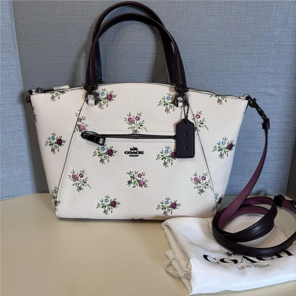 Coach Prairie Satchel Chalk Cross Stitch Floral Print Pink Glitter Purple