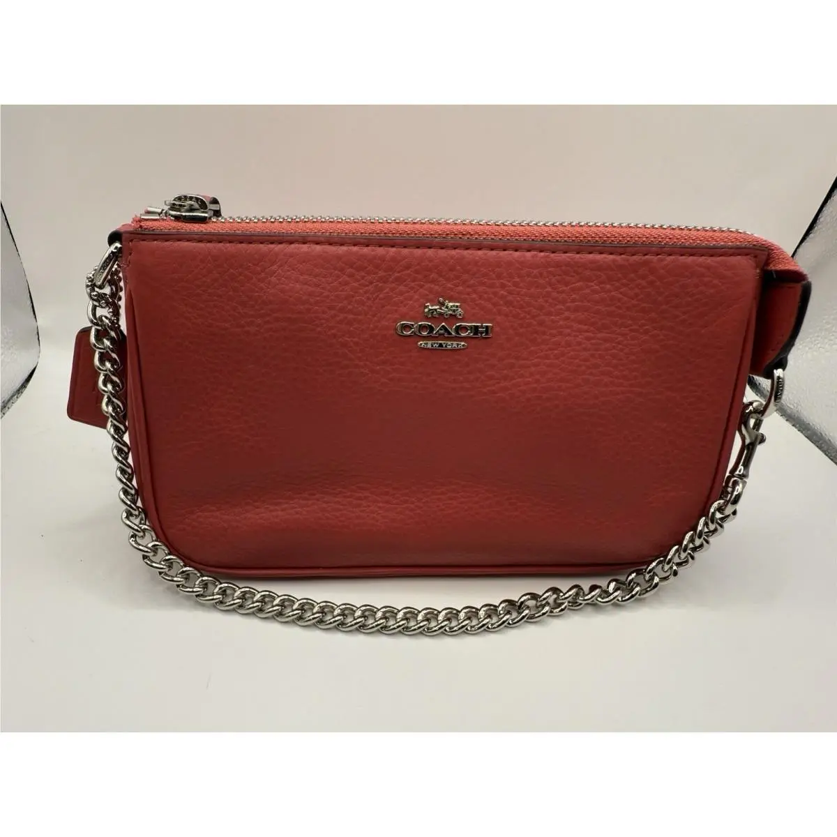 Coach Large Wristlet Women OS Strawberry Pink Pebbled Leather Chain F53340