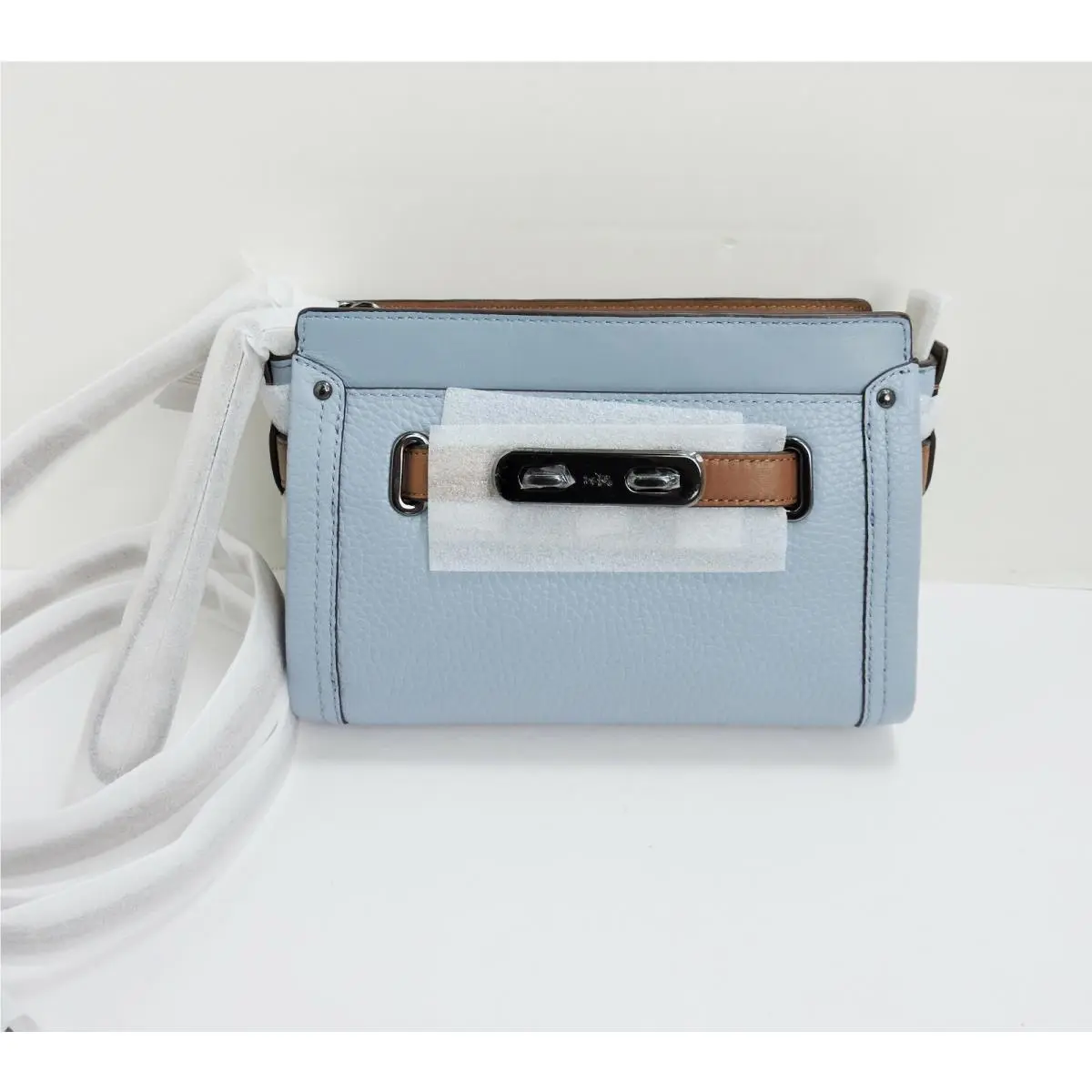 Coach 53107 Swagger Cornflower Blue Brown Trim Pebbled Leather Crossbody