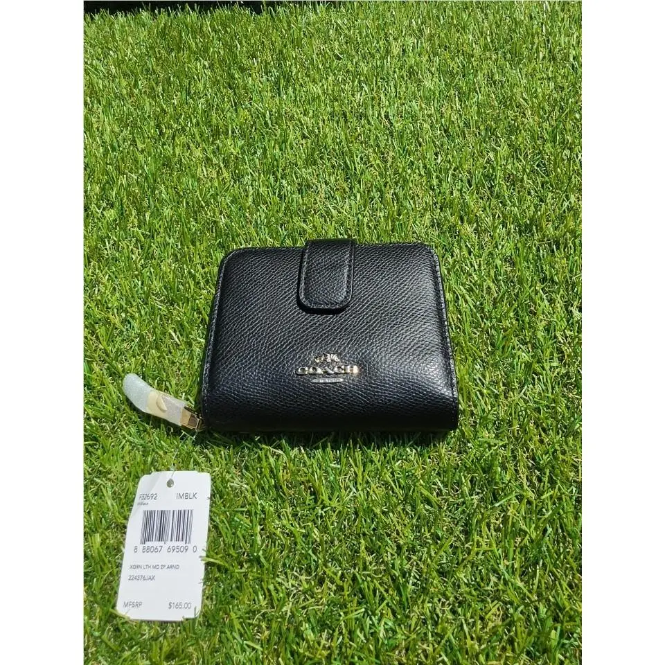Coach Women Wallet Pebbled Leather Black Gold Tone Logo F52692 Zip Around